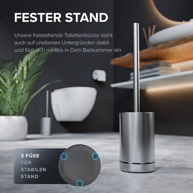 Торцева щітка для унітазу ROMO | Силіконова щітка для унітазу | З вентиляцією | Свободно стояча | Змінний насадок з нержавіючої сталі | Знімна підставка для крапель | Торцева щітка без кріплення до стіни (Без бачка, Срібна)