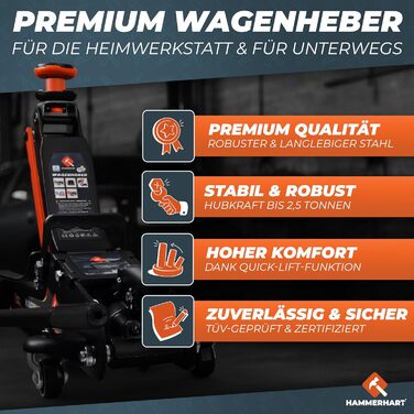 Гідравлічний домкрат HAMMERHART 3T з низьким профілем, 75-505мм, колеса 360°, подвійний поршень, гумові накладки, T-ручка - перевірена якість TÜV