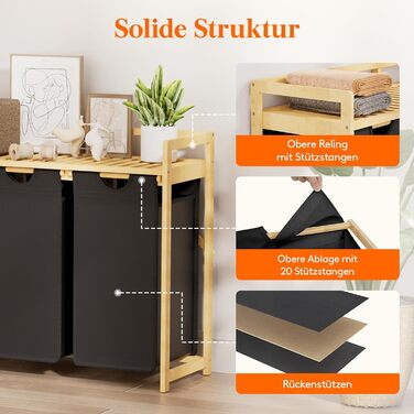 Кошик для білизни Lifewit з бамбуковим каркасом, 150л, 3 відділення, білий/чорний