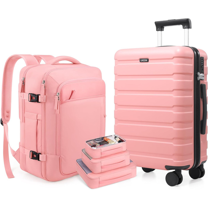 Набір валіз Roadcheer 5 в 1: рожевий дорожній набір з полікарбонату з TSA-замком | Чемодан на коліщатках, рюкзак, кулькові сумки, сумка для взуття