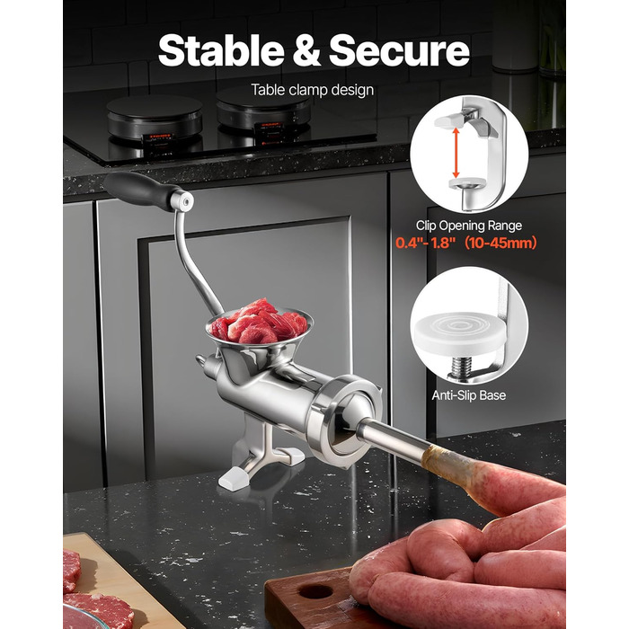 М'ясорубка ручна VEVOR з нержавіючої сталі 304, диски 4.5/8 мм, для фаршу та ковбас, 38 см, срібляста