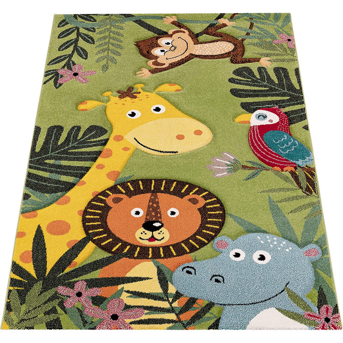 Дитячий килимок для дитячої кімнати Paco Home з коротким ворсом у вигляді тварин і джунглів, розмір колір (200x290 см, зелений 5)