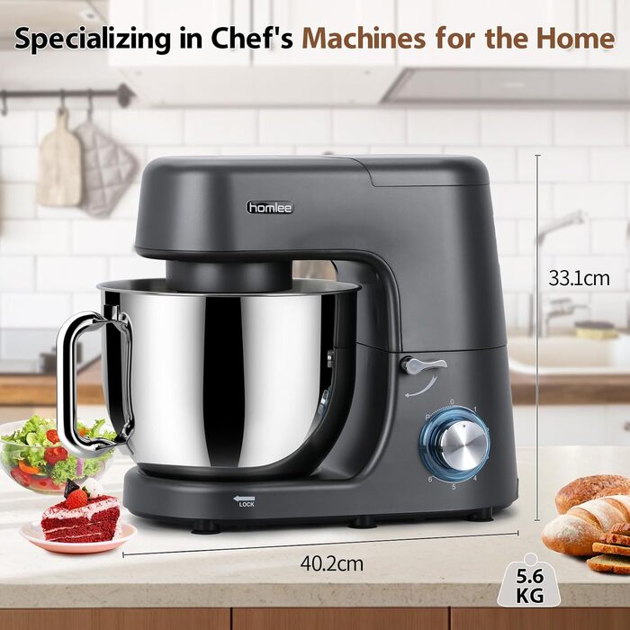 Кухонна машина 2000W з міксером та набором насадок, 7.2 л, нержавіюча сталь, сірий колір