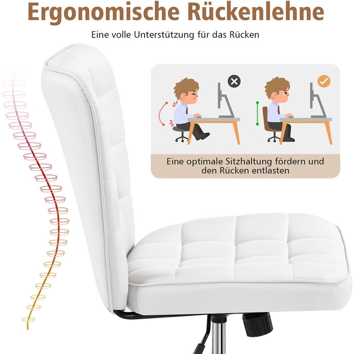 Крісло офісне Yaheetech без підлокітників, обертове, регульоване по висоті, на роликах, штучна шкіра, біле