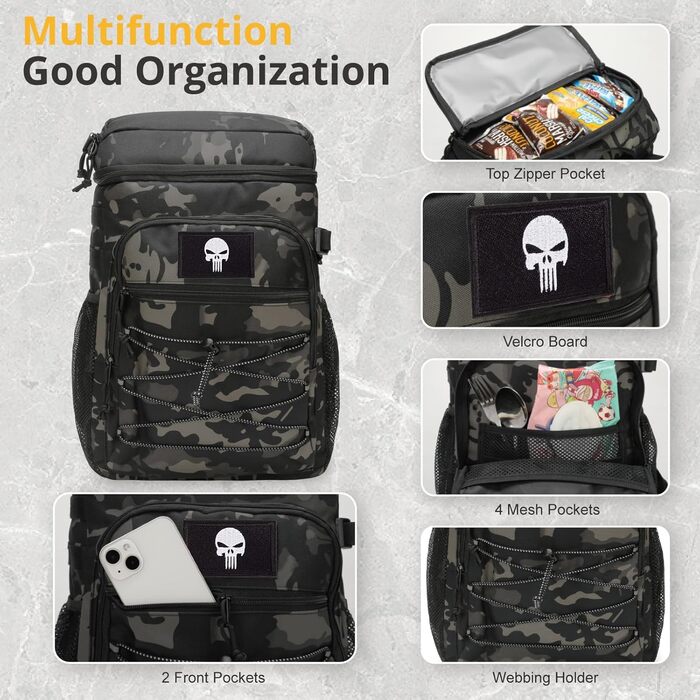 Тактичний рюкзак-холодильник 25L, витримує витоки, міцний, великий ланч-рюкзак, водонепроникний, для чоловіків, жінок, роботи, подорожей, кемпінгу, пляжу та піших прогулянок, чорний камуфляж