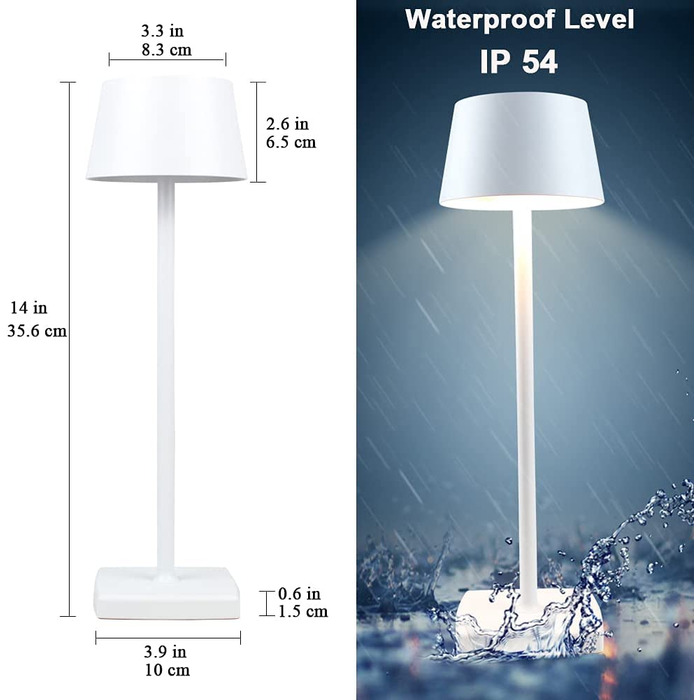 LED настільна лампа бездротова, 6000mAh, IP54, алюміній, сенсорне керування, тепле світло, для спальні, кав'ярні, ресторану