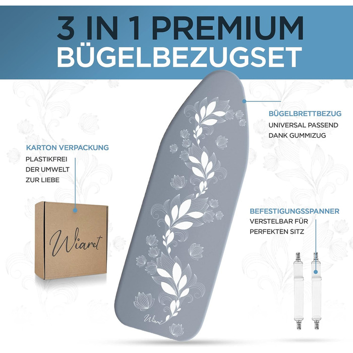 Набір чохлів для прасувальної дошки Wiaret 120x40 см з натяжними затискачами, гумка, дуже товста підкладка, сіро-білий
