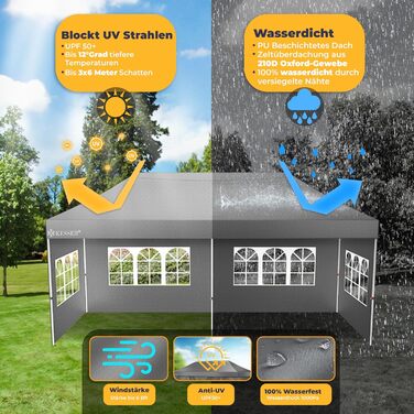 Павільйон KESSER® 6x3м з 6 знімними стінками, для саду, регульована висота, водовідштовхувальний, з сумкою, анкери, Pop-Up система, захист від UV 50+, для вечірок, антрацитовий колір