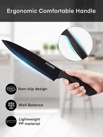 Набір ножів FOHERE 13 предметів з підставкою, нержавіюча сталь, з інтегрованим точилом, антипригарне покриття, ергономічні ручки, чорний граніт