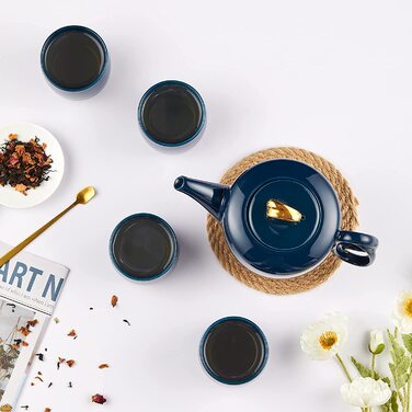 Порцеляновий чайник з ситовою вставкою, керамічний чайний сервіз з спіральною ручкою для розсипного чаю, 1000 мл розкішний чорний гладкий керамічний чайник із золотим оздобленням для подарунків (06-темно-сині чайники / 4 чашки)