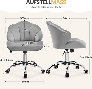 Крісло для дому та офісу Yaheetech, крісло для макіяжу, офісне крісло з регулюванням висоти, поворотне, з м'якою спинкою у формі мушлі, на коліщатках, з велюру, до 136 кг, білий (світло-сірий)