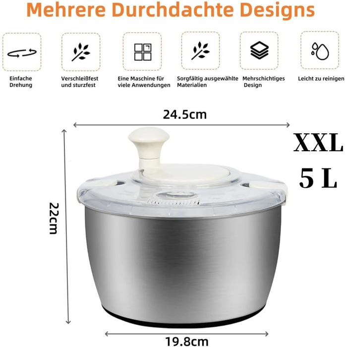 Салатниця-центрифуга XXL з нержавіючої сталі 5л, з очищувачем та пляшкою для віджиму - придатна для миття в посудомийній машині - ідеальна велика салатниця для миття та сушіння салату