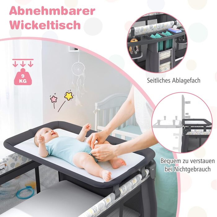 Дитяче туристичне ліжко COSTWAY 5-в-1 з матрацом, функція ліжка-гойдалки, пеленальний столик, музична шкатулка та сумка для перенесення, до 15 кг