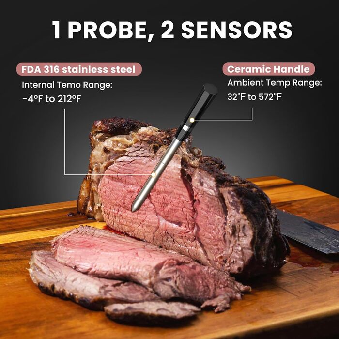 Бездротовий термометр для м'яса для гриля та копчення, 500FT, розумний датчик температури для BBQ, духовки, гриля, коптильні, Sous Vide (рожевий)