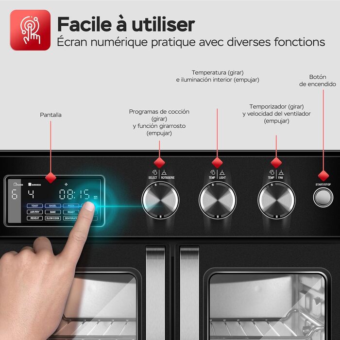 TurboTronic Міні-піч 4в1: конвекційна піч, фритюрниця, дегідратор, гриль. Об'єм 32л, з поворотним шампуром та аксесуарами. Чорний колір.