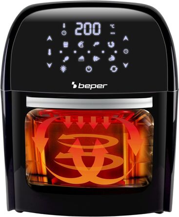 Аерофритюрниця BEPER P101FRI001, без олії, таймер і регульована температура, знімний контейнер і решітка, ємність 2 літри, 1000 Вт, чорний (12 л)