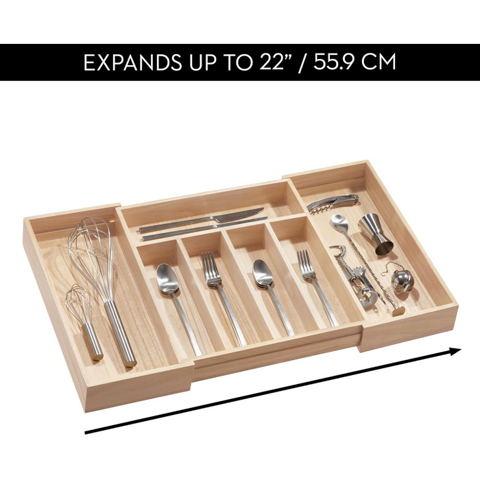 Органайзер для кухонних ящиків iDesign 2 шт. з регульованим розміром, з павловнії, для столових приборів та кухонного приладдя, бежевий