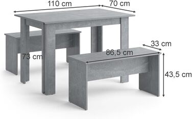 Набір обідніх столів Vicco Sentio, дуб, 110x70 см, 2 лавки (бетон)