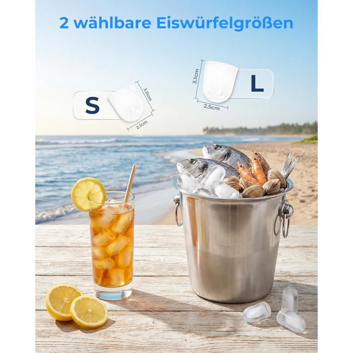 Льодогенератор Klarstein Ice Maker – Швидке виробництво льоду (12 кг/24 год), 2 розміри кубиків, самоочищення, для дому, кухні, офісу, бару – Чорний