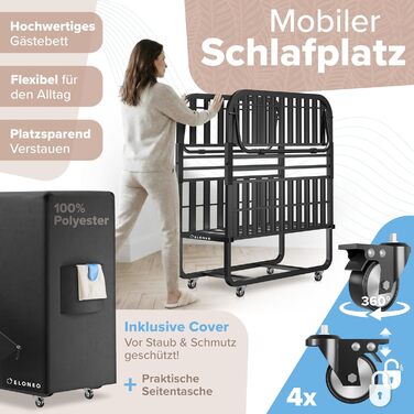 Розкладне ліжко ELONEO з преміум-матрацом (90x200 см), металевий каркас, витримує до 250 кг, з коліщатками та захисним чохлом