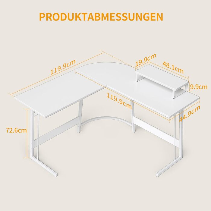 Кутовий письмовий стіл CubiCubi 120x120 см, стійкий, L-подібний, з підставкою для монітора , білий