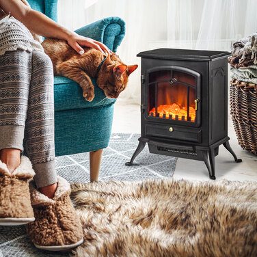 Електрокамін з підігрівом, електричний камін з LED-ефектом полум'я, декоративний камін потужністю 1000/2000 Вт, електрична імітація вогню з захистом від перегріву, камін-піч, чорного кольору.