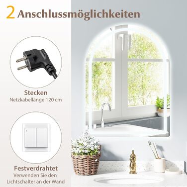 Дзеркало для ванної кімнати RELAX4LIFE з підсвіткою, настінне, напівкругле, 80 x 60 см, LED, сенсорне керування, функція пам'яті, запобігання запотіванню, без рами, 3 кольори світла, регулювання яскравості