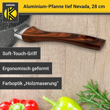Алюмінієва сковорода KRGER Невада - Сковороди з високоякісним антипригарним покриттям - Ергономічна ручка сковороди - Можна мити в посудомийній машині та індукції (глибина 28 см)