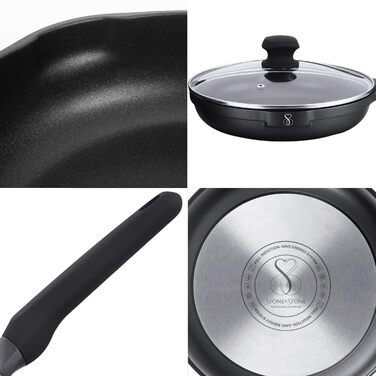 Сковорода-гриль Stone&Stone 28x28 см | Професійна сковорода для стейків | Німецьке антипригарне покриття GREBLON C3+ без PFOA | Знімна ручка | Підходить для індукції, газу та духовки | Для приготування барбекю з щипцями (24 см)