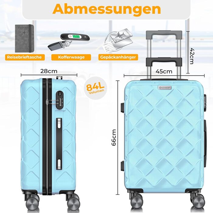 Чемодан KESSER® 84L з ABS-пластику з кодовим замком, вагами та аксесуарами для подорожей | Валіза на колесах для бізнесу та відпочинку, блакитний, 66 см