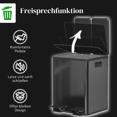 2 відра для сміття об'ємом 20 літрів, з педальним відкриванням, легко миються, з нержавіючої сталі та пластику, чорного кольору