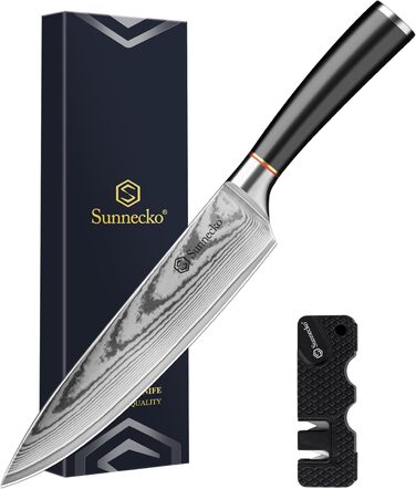 Ніж Sunnecko Дамаск 20см: професійний кухонний ніж з високоякісної сталі Дамаск, стійкий до корозії та довговічний. Ідеальний подарунок для кухарів-професіоналів та любителів.