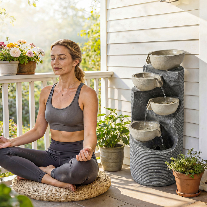 Багатоступеневий фонтан для саду на 5 ярусів з LED-підсвіткою та насосом, з імітацією каменю, регульований, розміри 33 x 31 x 80 см