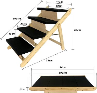 Пандус для собак AufuN 2-в-1, сходинки для великих і малих собак, складаний, з сосни, нековзний, до 80 кг, тип B