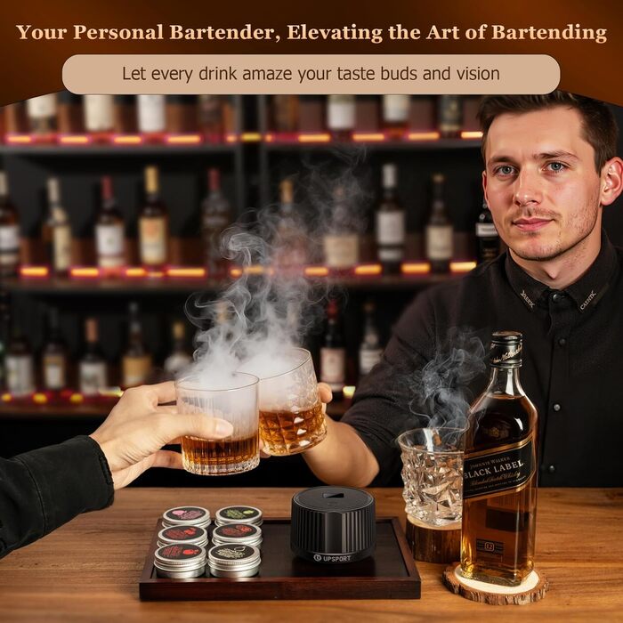 Електричний набір для копчення коктейлів з 4 режимами підсвічування, перезаряджуваний набір для диму з віскі, 6 дерев'яних стружок, без бутану, подарунок на Різдво/День народження для чоловіків, батьків, чоловіків FY01