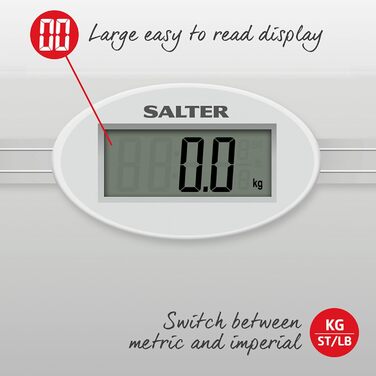 Скляні електронні ваги для ванної кімнати Salter 9018S SV3R, вантажопідйомність 180 кг, РК-дисплей, що легко читається, швидкий старт, велика поверхня для зважування загартованого скла, з батареями, сріблястий/прозорий макс.