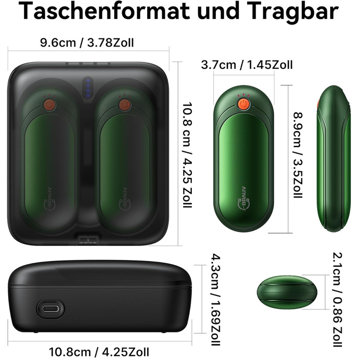 Електричні грілки для рук J-BRAUV 2 шт. 4000mAh з зарядним пристроєм 10000mAh, 3 режими нагріву, USB, до 24 годин, компактні (зелені)