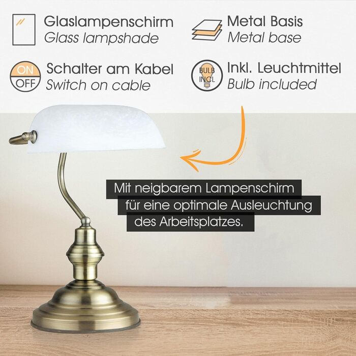 Банкірська лампа біла латунь ретро в комплекті з лампочкою - Настільна лампа світлодіодна з білим скляним абажуром - Банкірська настільна лампа офісна - Настільна лампа в комплекті з ганчіркою для чищення