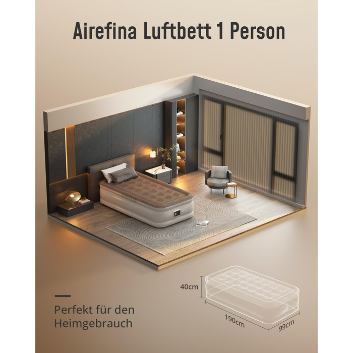 Надувне ліжко Airefina з самонадувною системою та інтегрованим насосом, 203 x 152 x 46 см (1 особа), для кемпінгу та дому