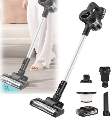 Бездротовий вертикальний пилосос 15kPa з HEPA-фільтром, ручний пилосос з LED-підсвічуванням та 2 акумуляторами 3000mAh