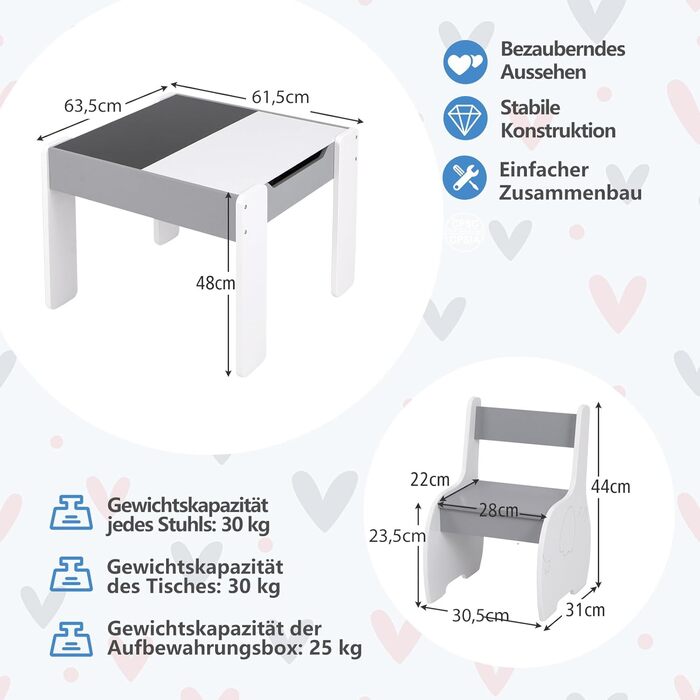 Детский стол со стульями COSTWAY 3 в 1, деревянная мебель для детей 3+, светло-серый, со съемной столешницей и местом для хранения