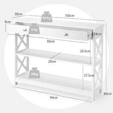 Консольний столик GIANTEX вузький, з ящиком & 2 полицями, 100x30x80 см, білий