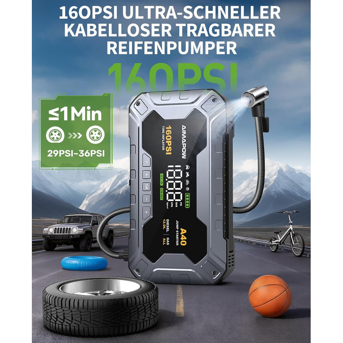 Powerbank для автомобіля AIMAPOW Starthilfe 8000A з компресором та LED-ліхтарем, 27000mAh, 160PSI, для бензинових та дизельних двигунів (до 12.0L)