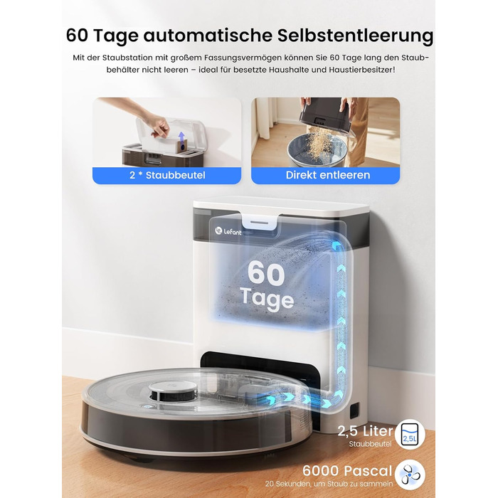 Робот-пилосос LEFANT M2 Pro Mondgrau з функцією миття, 5000Pa, LiDAR, 150 хв, розпізнавання килима, керування через додаток/голос, для видалення шерсті тварин, чорний