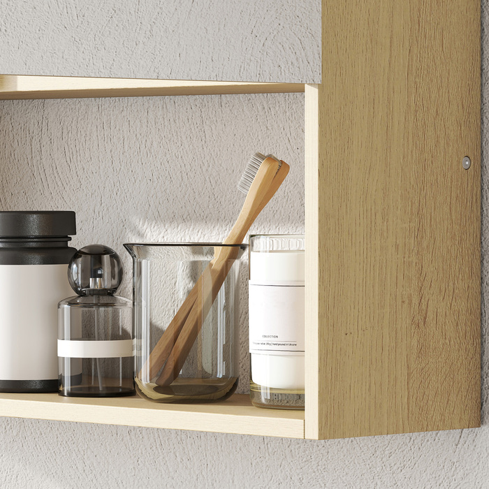 Шафа для ванної кімнати з дзеркальними дверцятами, відкрита полиця, монтаж на стіну, виготовлена з МДФ та ДСП, колір 