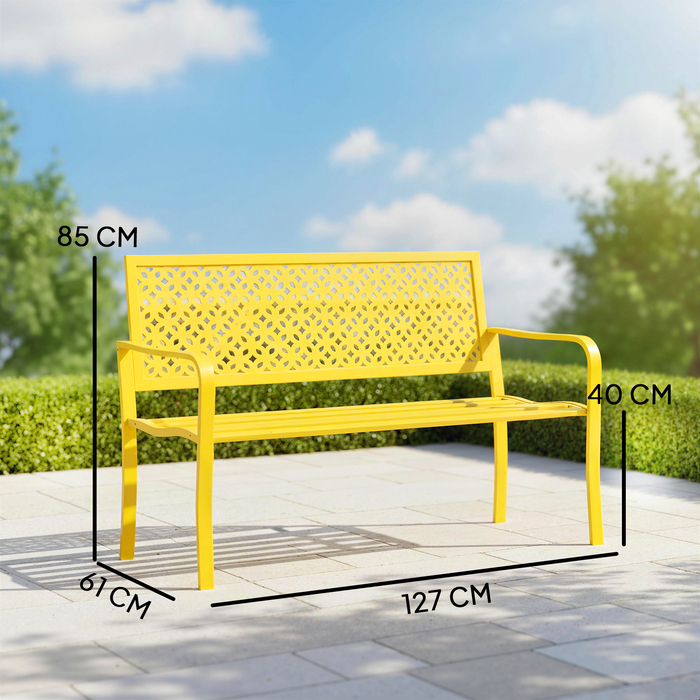 Лавочка для саду на 2 особи, металева, стійка до погодних умов. Міцна конструкція з антикорозійним покриттям та геометричним дизайном, витримує до 240 кг.