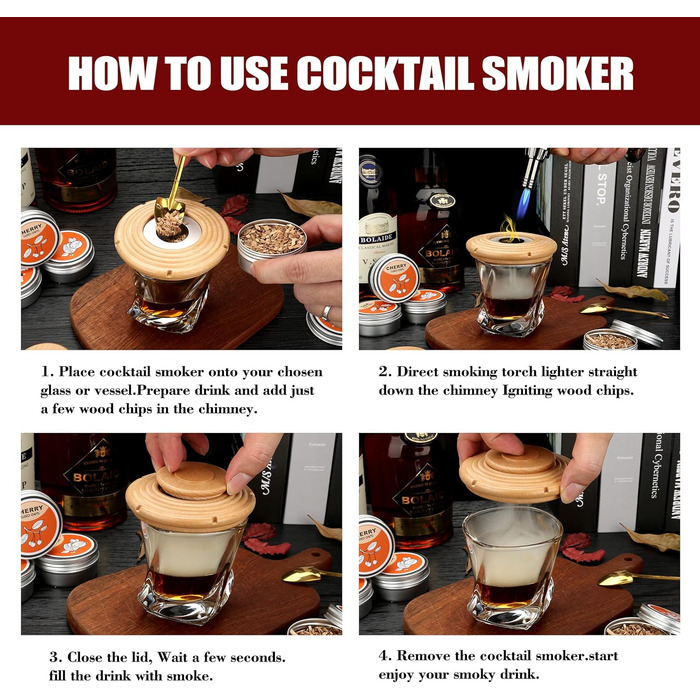 Набір для копчення коктейлів: 4 дерев'яні стружки, аксесуар для віскі, коктейлів, кави, бурбону, м'яса (бук)