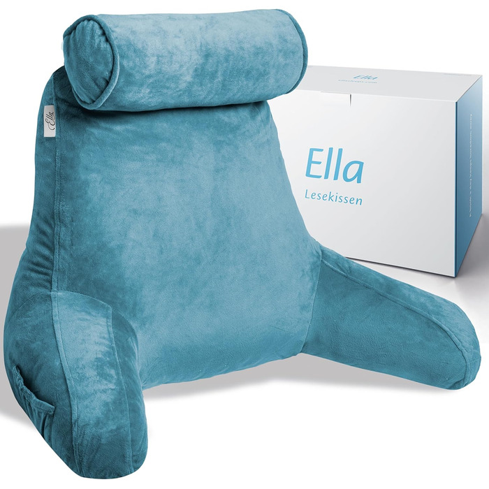 Подушка для читання Ella Lesekissen для ліжка та дивану з знімною подушкою для шиї - спинна подушка для ліжка. Зроблена з піни з пам'яті з підлокітниками, ідеально підходить для читання, перегляду телевізора, відпочинку або як спинна підтримка (Блакитний)