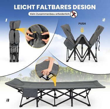 Похідне ліжко COSTWAY зі зручним бавовняним наповнювачем інтегрована подушка та матрац, розкладне кемпінгове ліжко з навантаженням до 200 кг, розкладне ліжко з бічною кишенею, кемпінговий шезлонг з сумкою для перенесення, гостьове ліжко сірого кольору