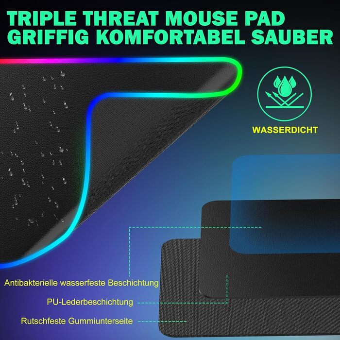 Ігрова підставка для миші RGB з бездротовою зарядкою Qi 15W, LED-підсвічування, 10 режимів, водонепроникна, протиковзна, для геймінгу, ПК, офісу (чорний PU)